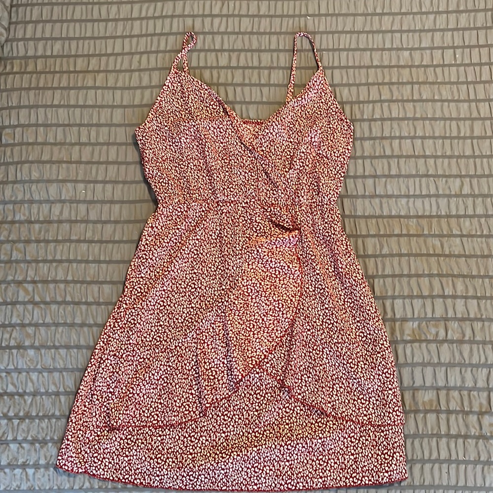 Red and white animal print mini faux wrap dress